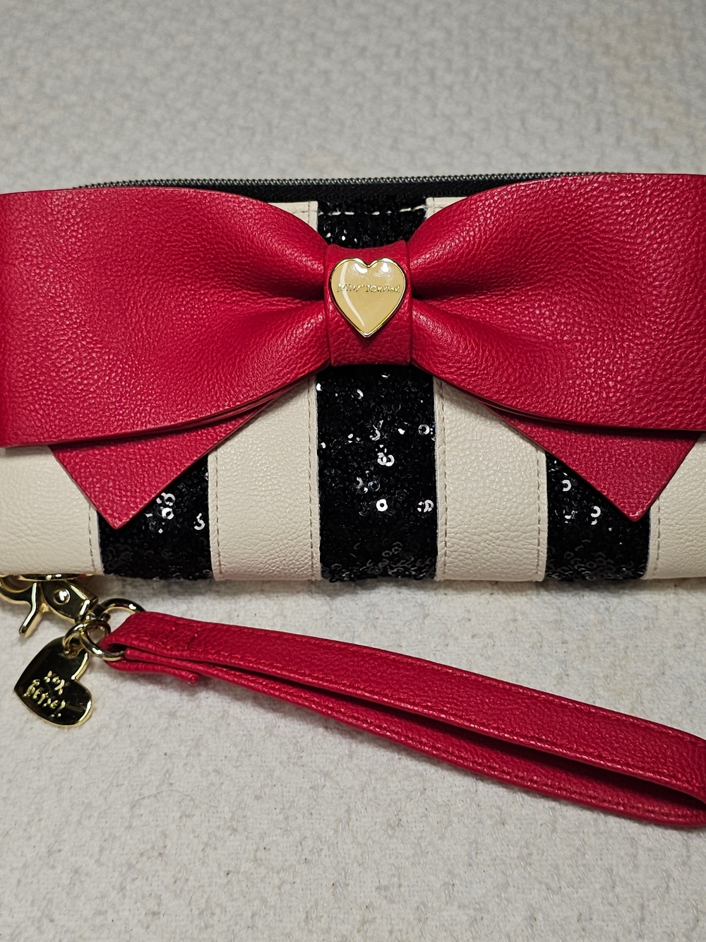 Betsey Johnson Red Bow Sequin Striped Wristlet